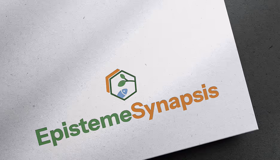 Episteme Synapsis: Hexagon logo with leaf growing and fish below, paired with green and orange text to convey food and biotech innovation.