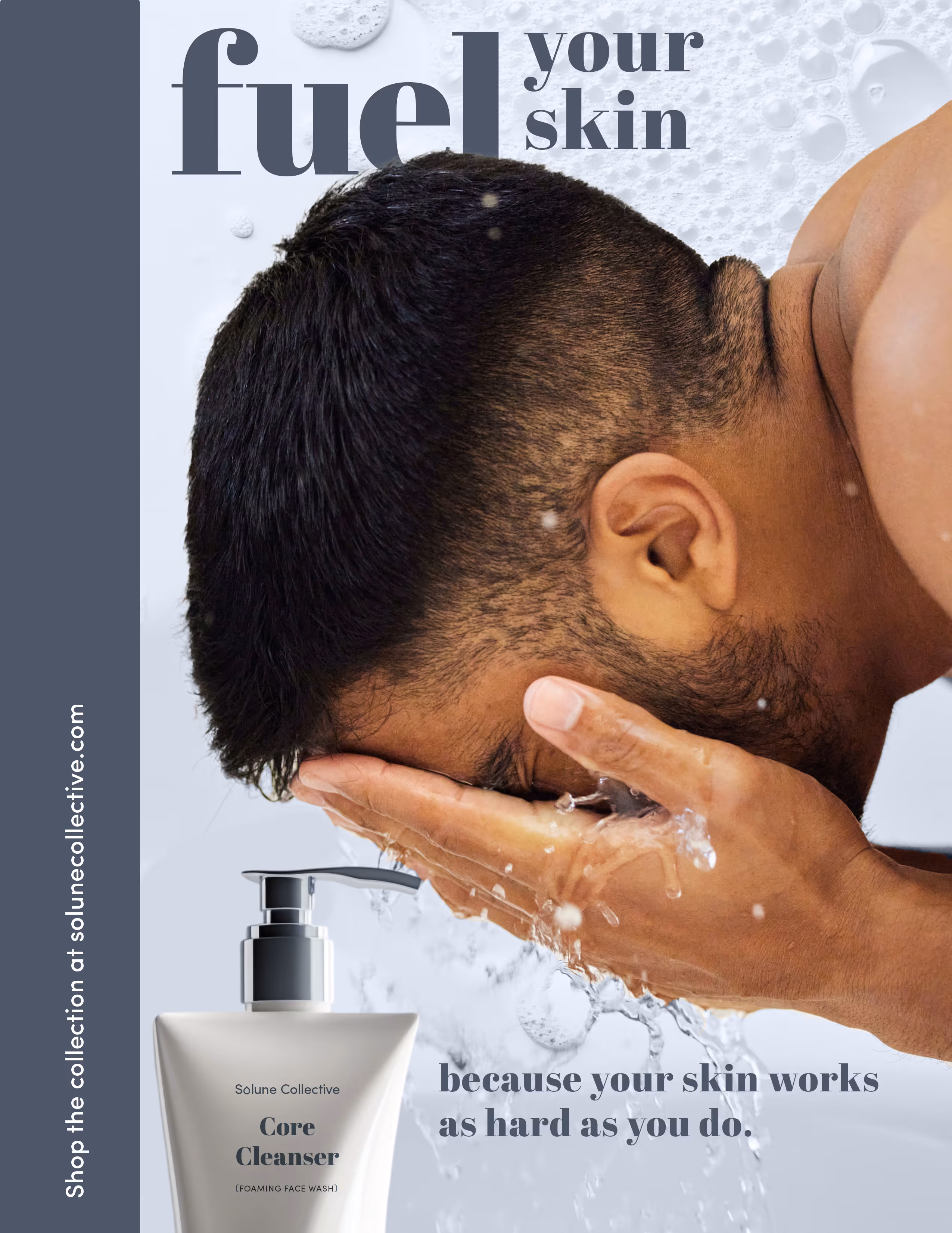 Solune Collective magazine ad showcasing their foaming face wash for men.