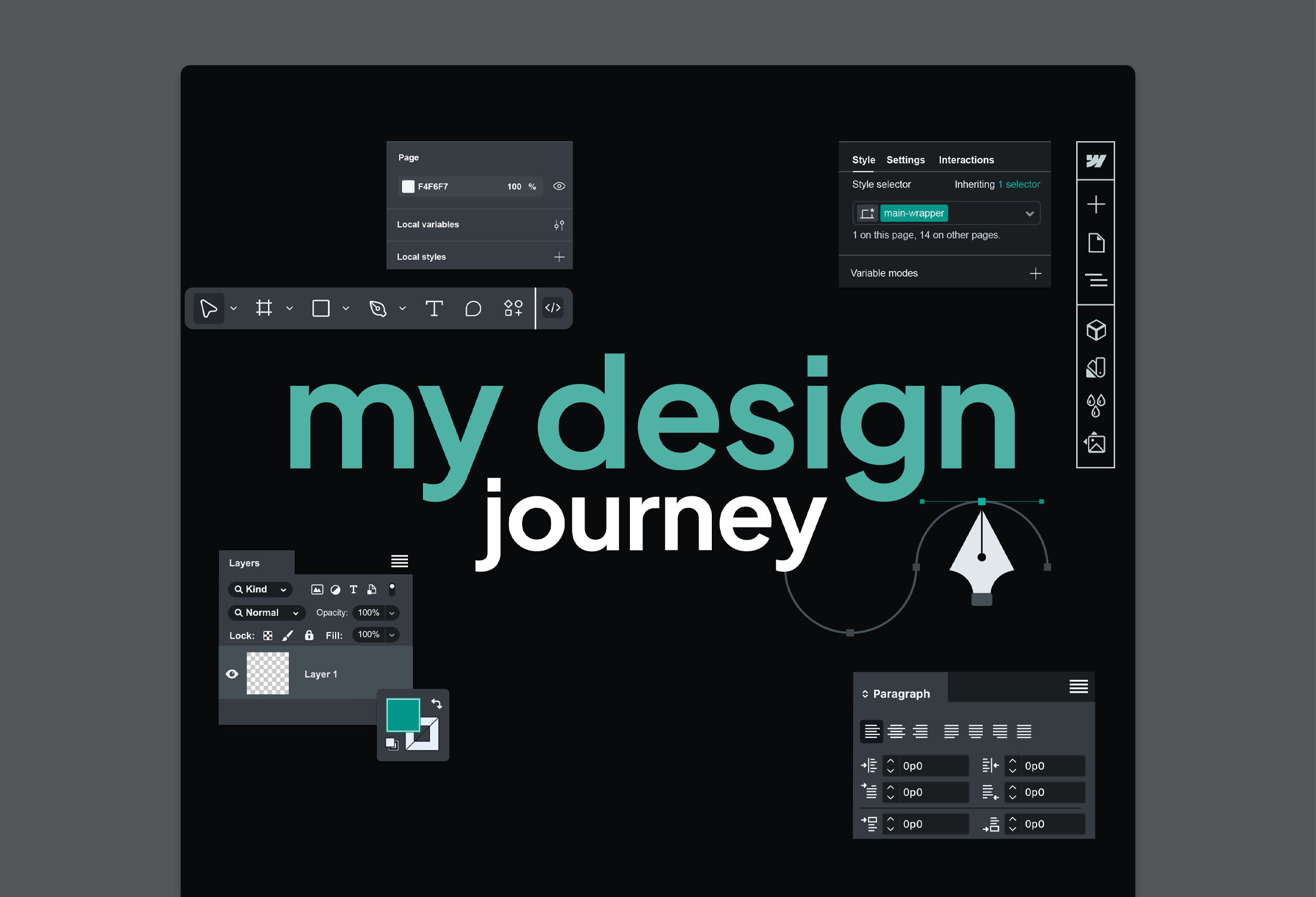 Digital design interface showing text editing and style tools around the phrase 'my design journey' on a dark background.