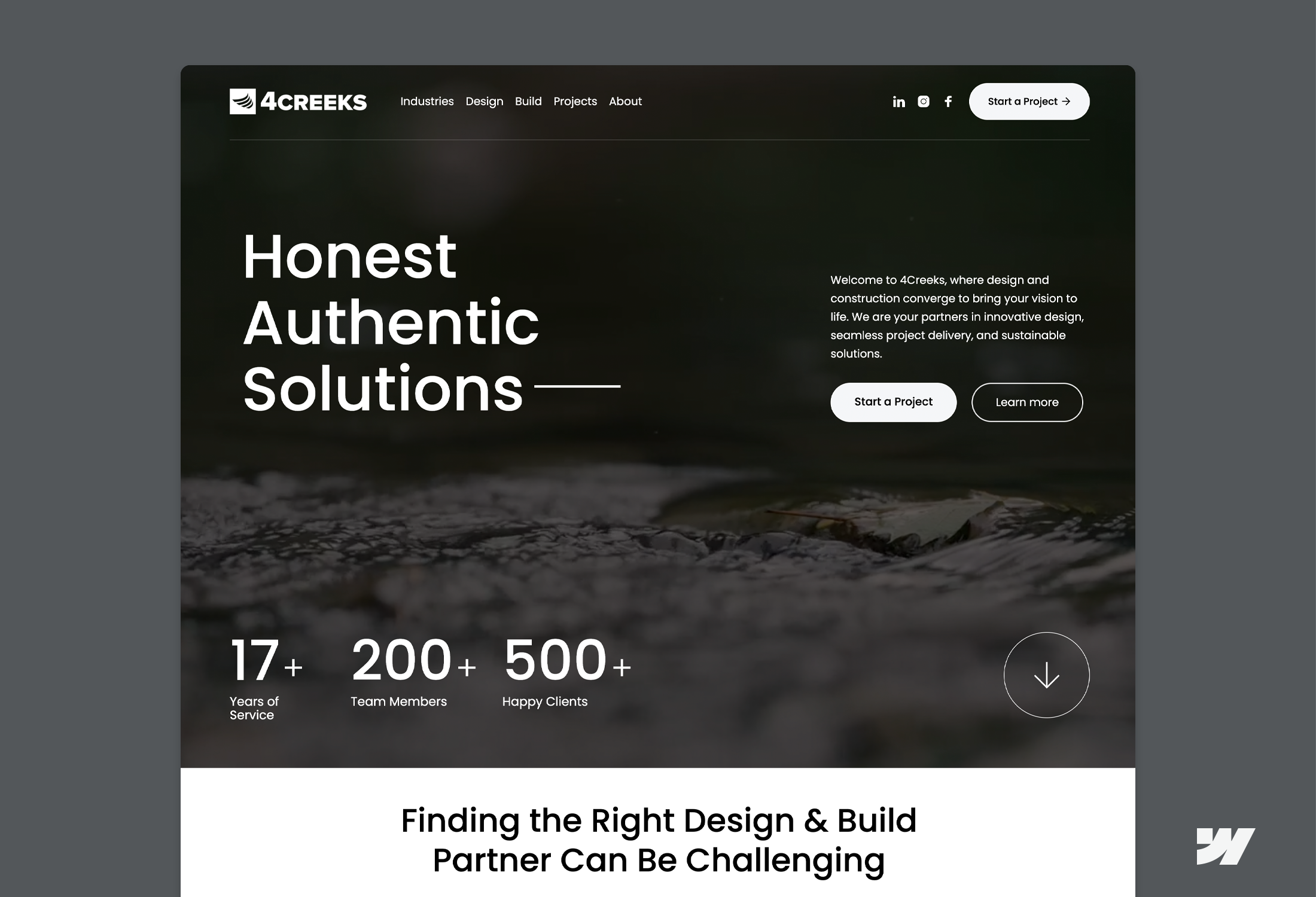 4Creeks website homepage with navigation, headline 'Honest Authentic Solutions,' stats on years of service, team members, and happy clients, plus call-to-action buttons.