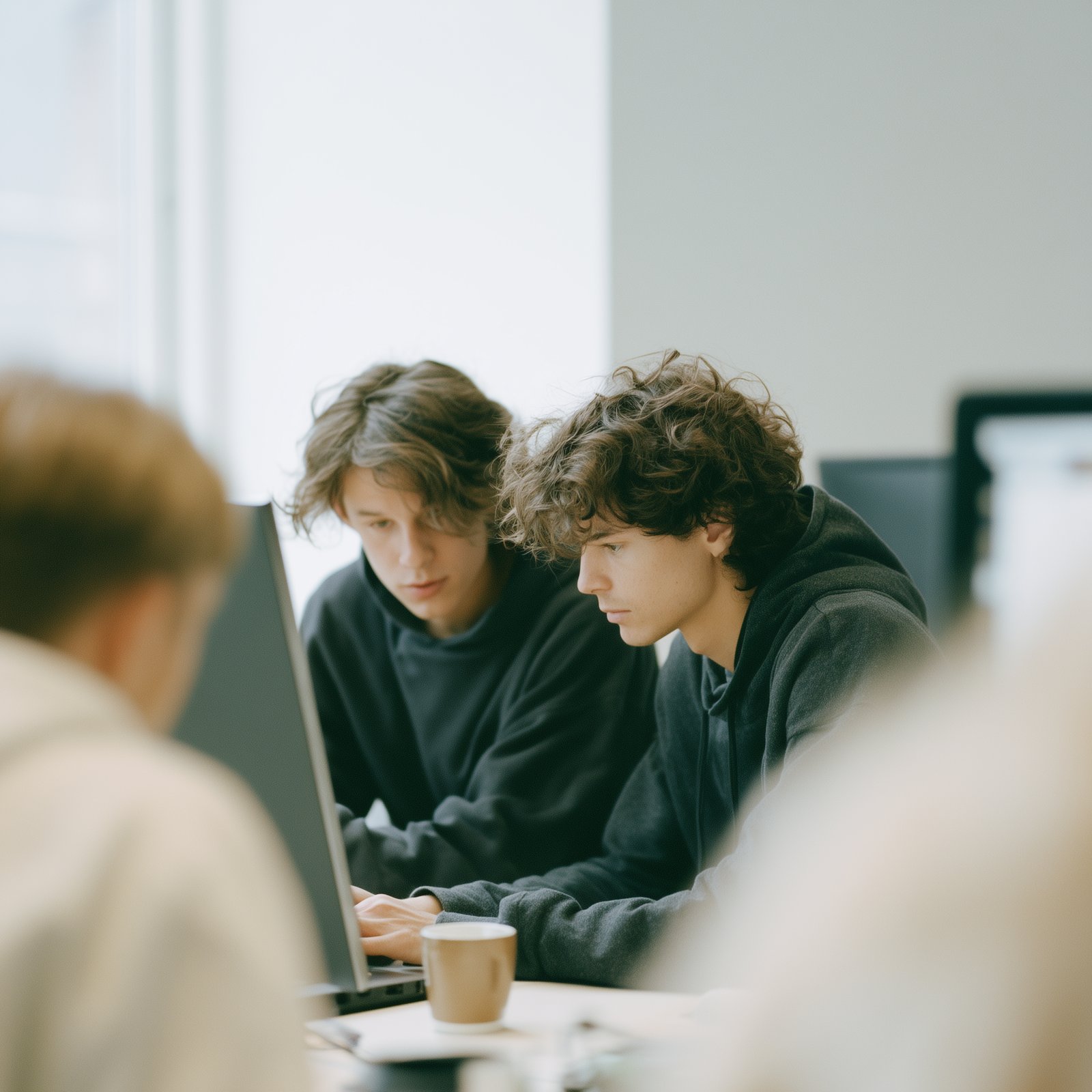 Two young developers focused on code during a hackathon