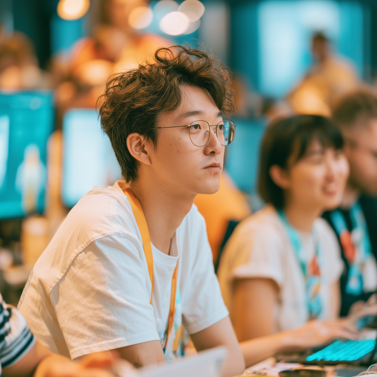 A developer concentrating during a hackathon