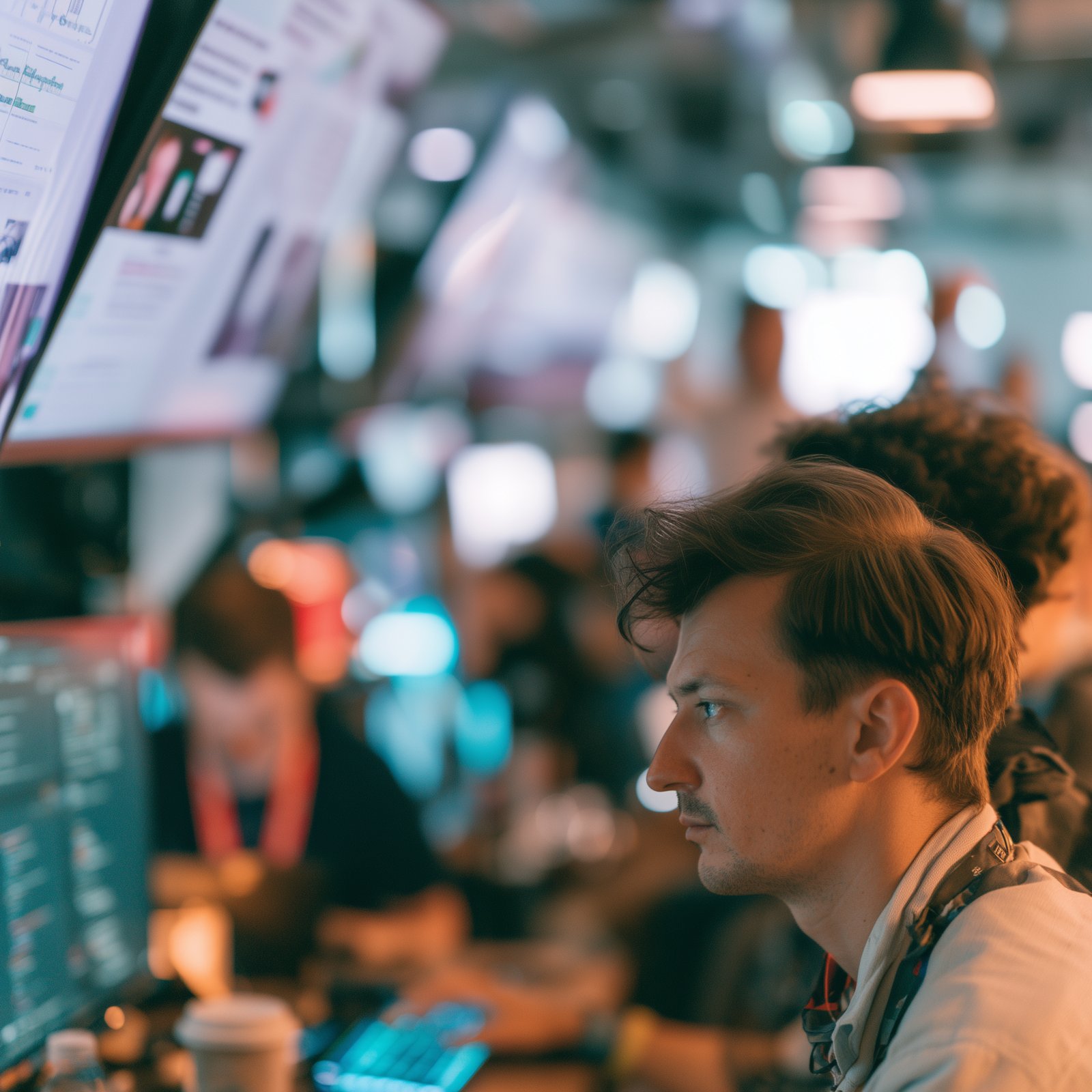 A developer reviewing work on screen at a hackathon