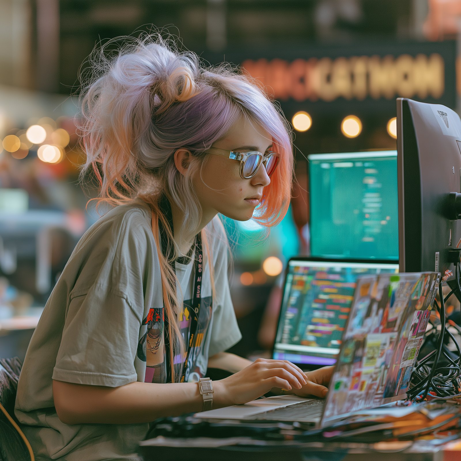 A developer coding at a hackathon workstation