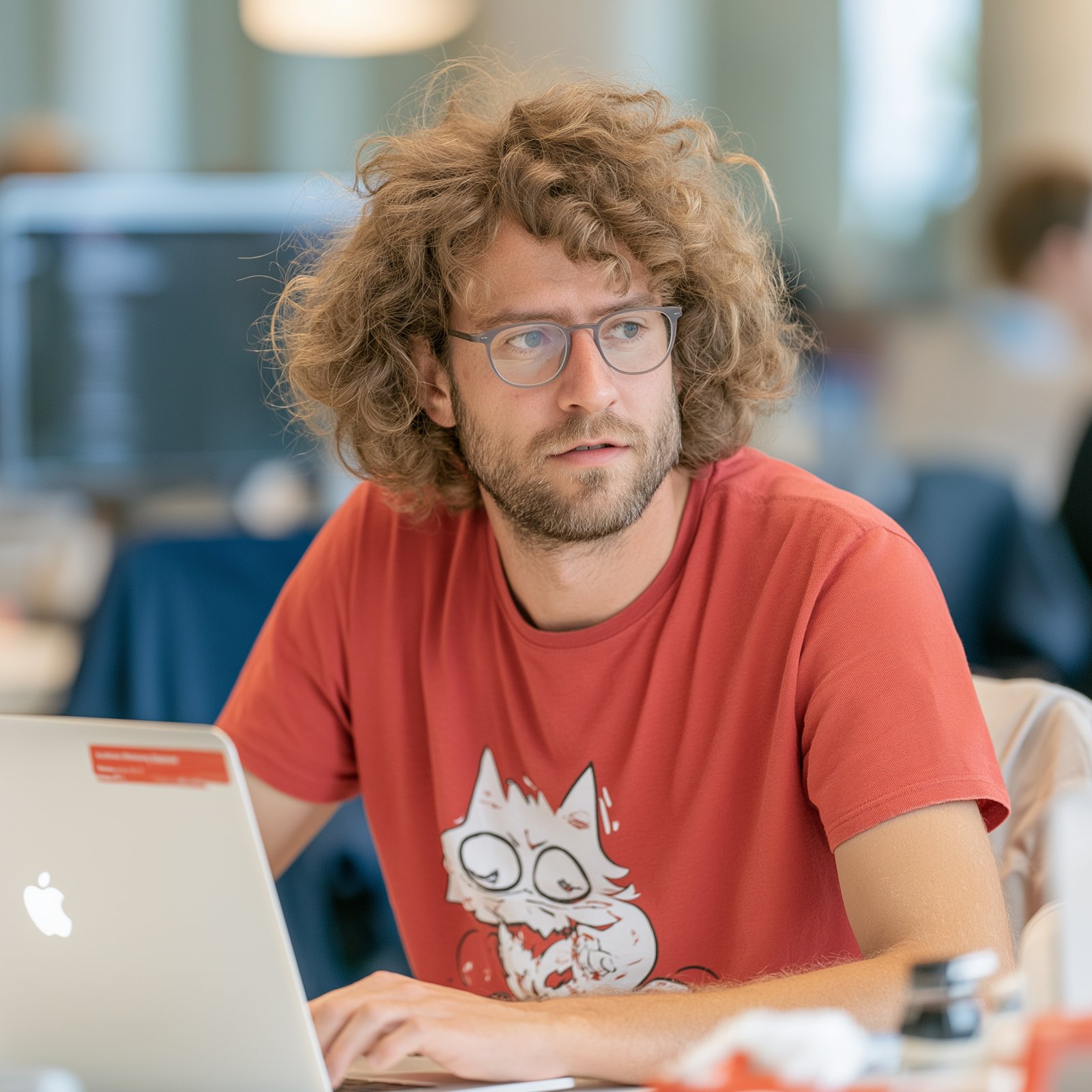 A programmer coding on a laptop at a hackathon