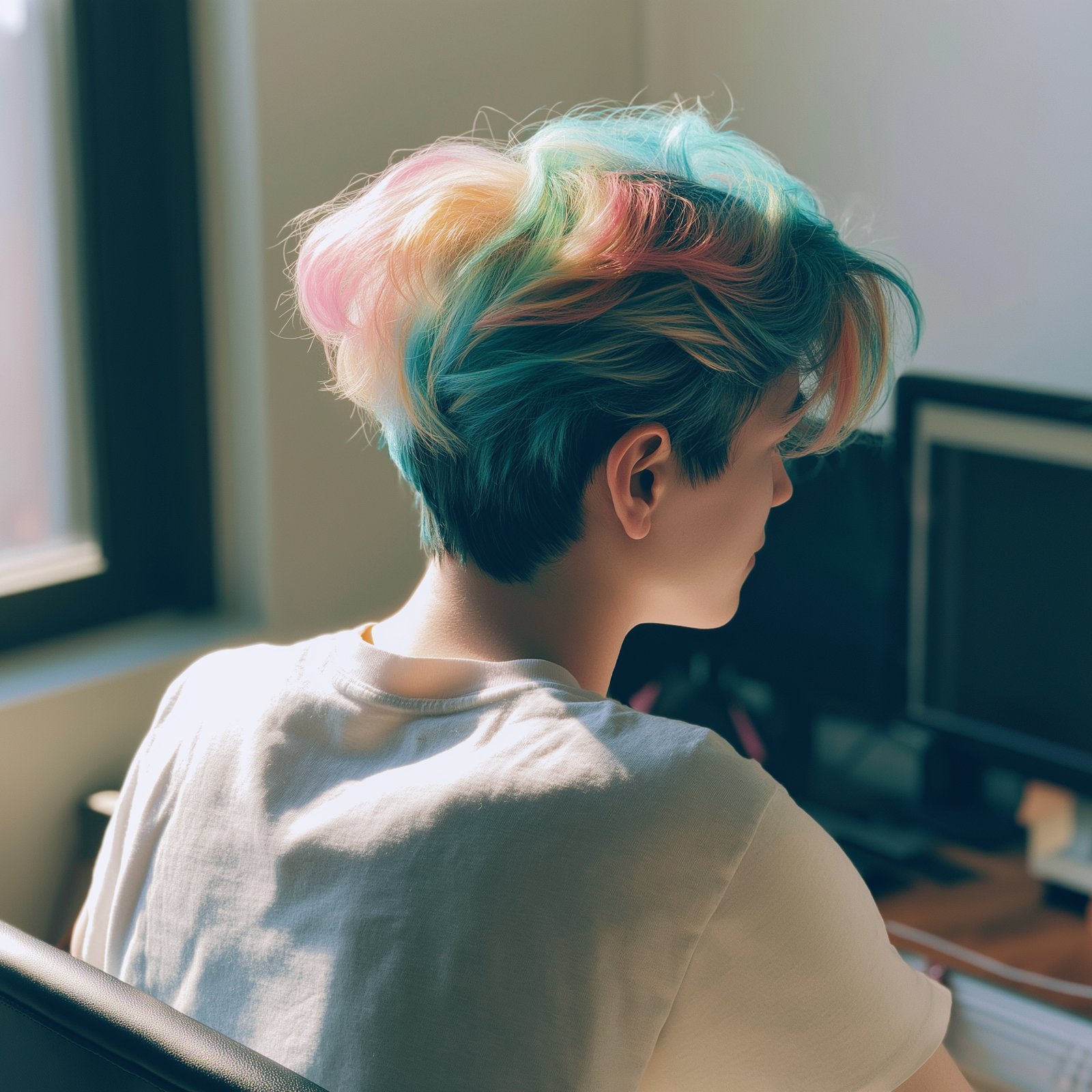 A developer with colorful hair coding at a hackathon