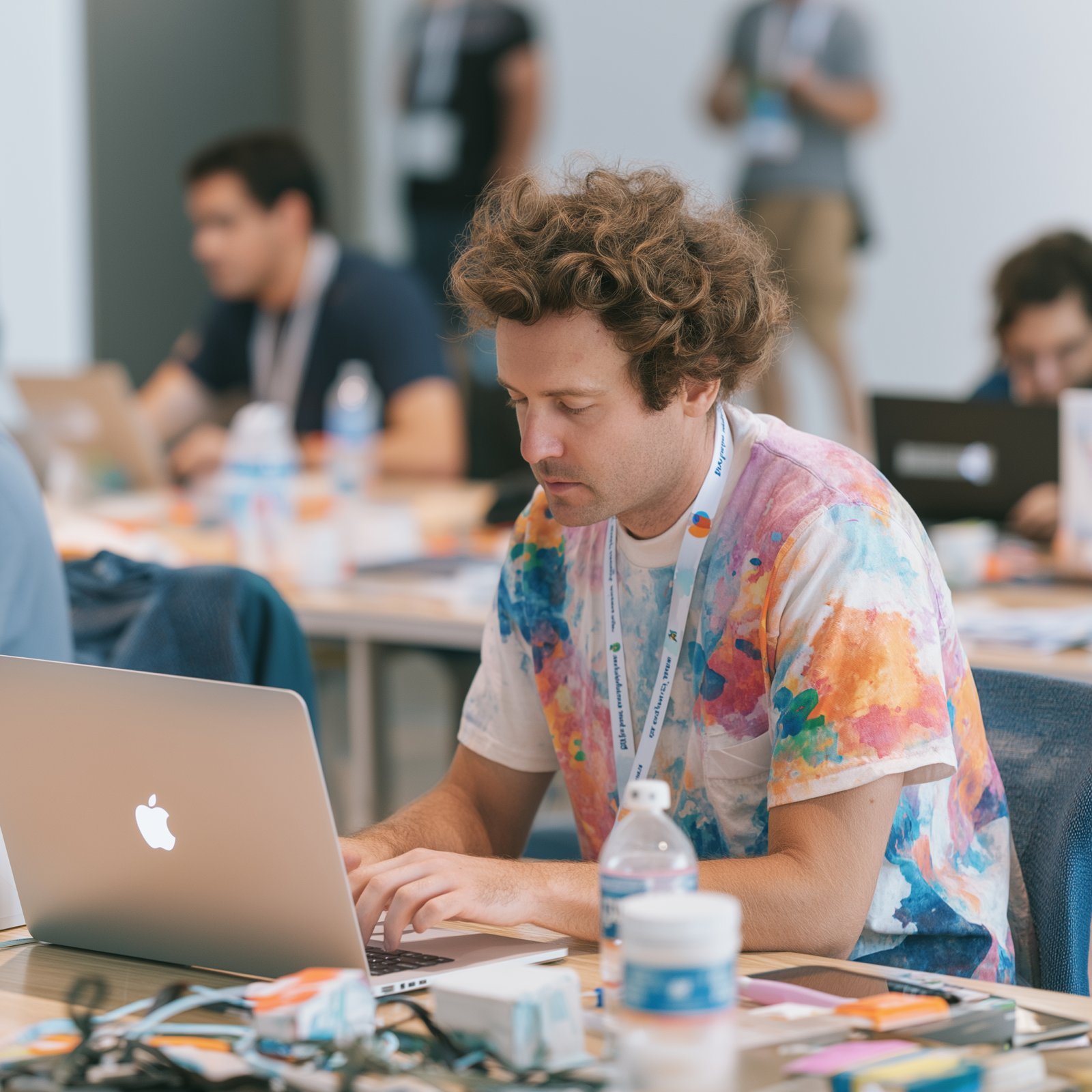 A programmer in a colorful shirt coding at a hackathon
