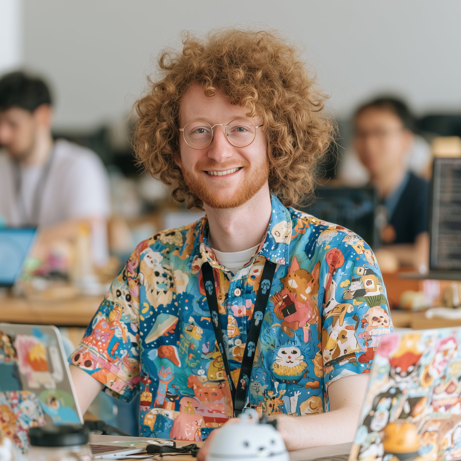 A smiling developer at a hackathon workstation