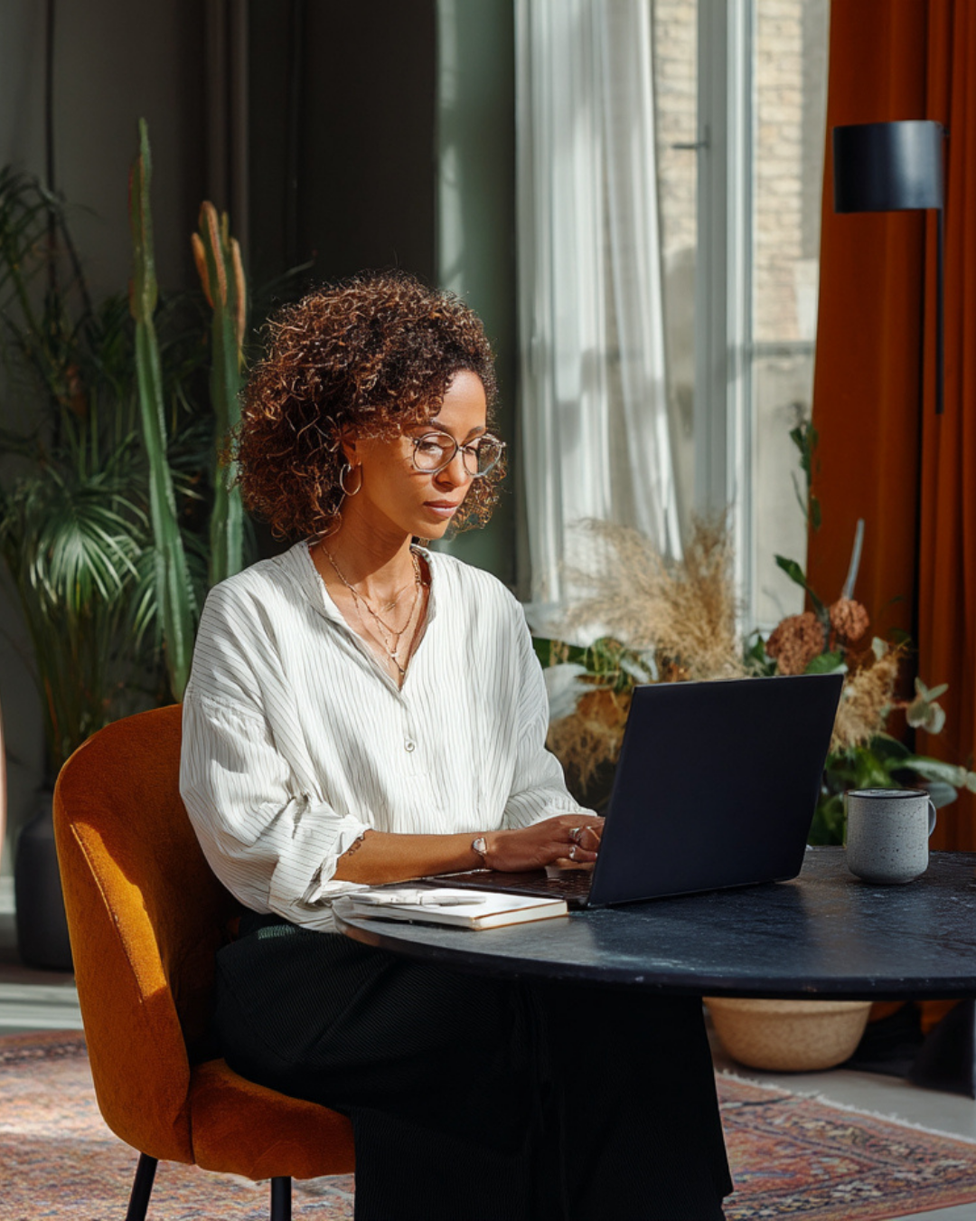 Eine Frau sitzend am Laptop
