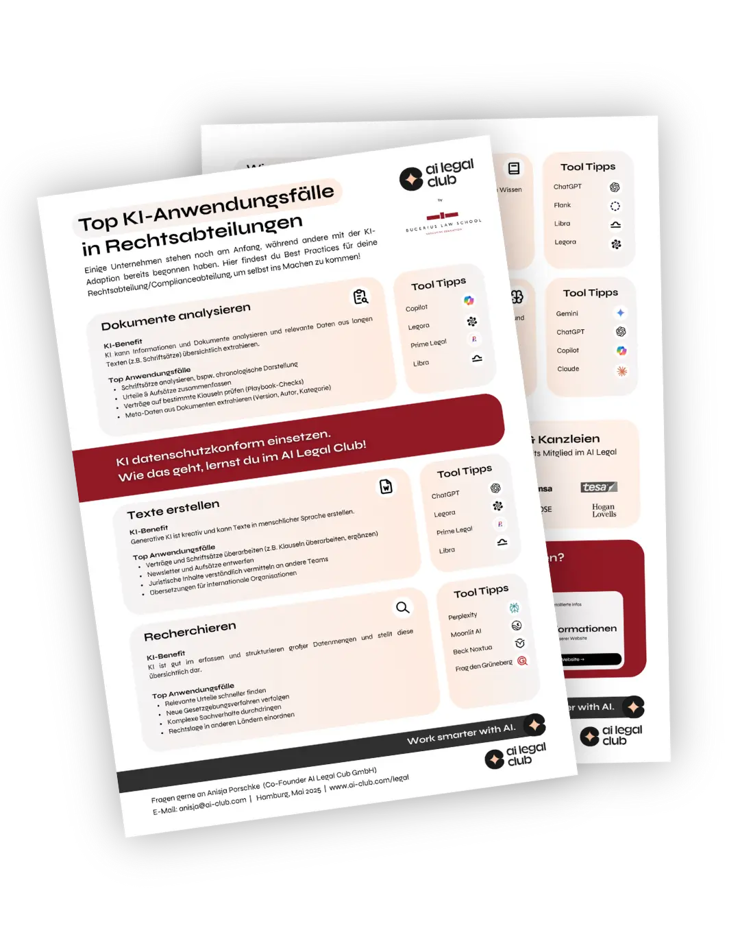 Zweiseitiges Poster zu Top-KI-Anwendungsfällen in Rechtsabteilungen mit Abschnitten zu Dokumentenanalyse, Texterstellung und Recherche, inklusive Tool-Tipps und KI-Benefits.