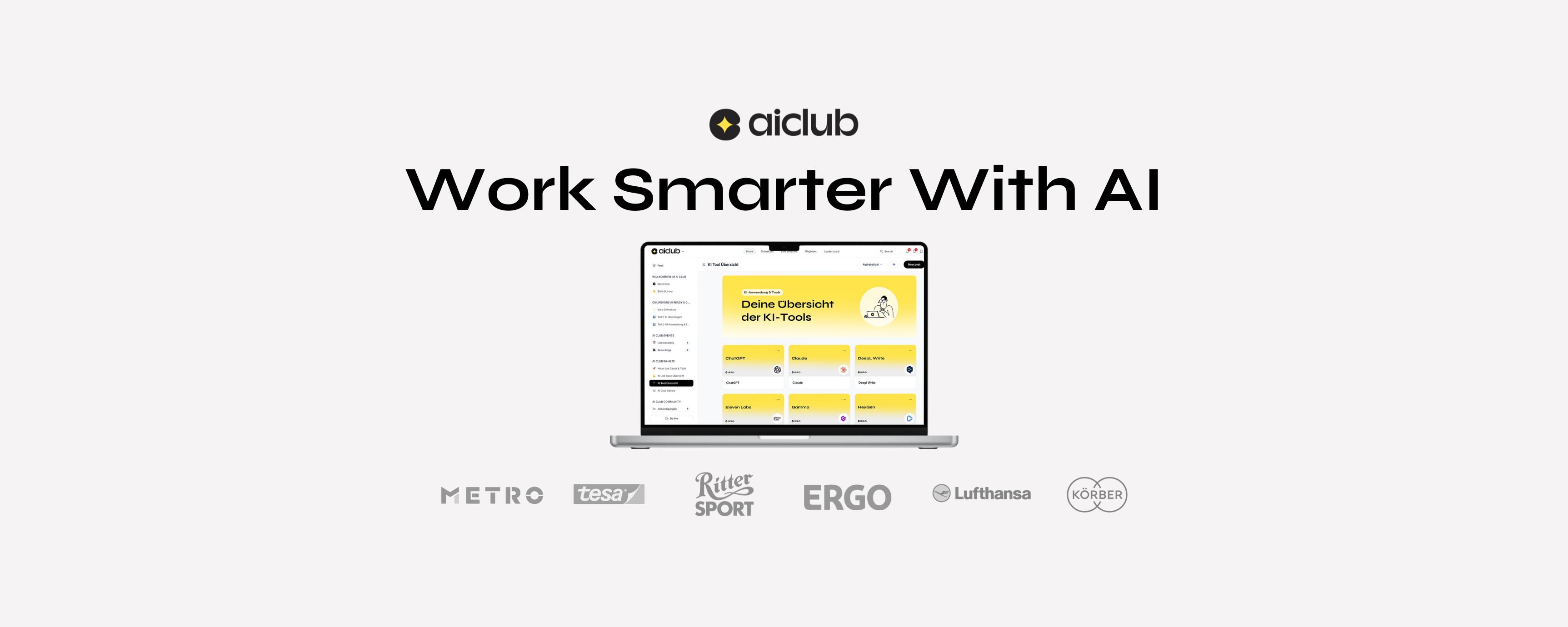 Arbeite schlauer mit KI: Laptop zeigt Übersicht der KI-Tools mit Markenlogos darunter wie Metro, tesa, Ritter Sport, ERGO, Lufthansa, Körber.