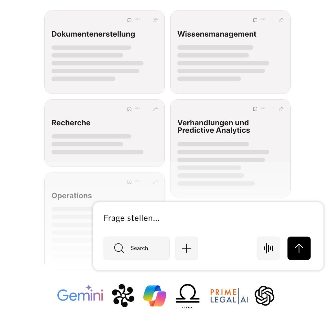 Benutzeroberfläche mit Karten zu Themen wie Dokumentenerstellung, Wissensmanagement, Recherche und Verhandlungen mit Predictive Analytics sowie einer Suchleiste mit Symbolen unten.