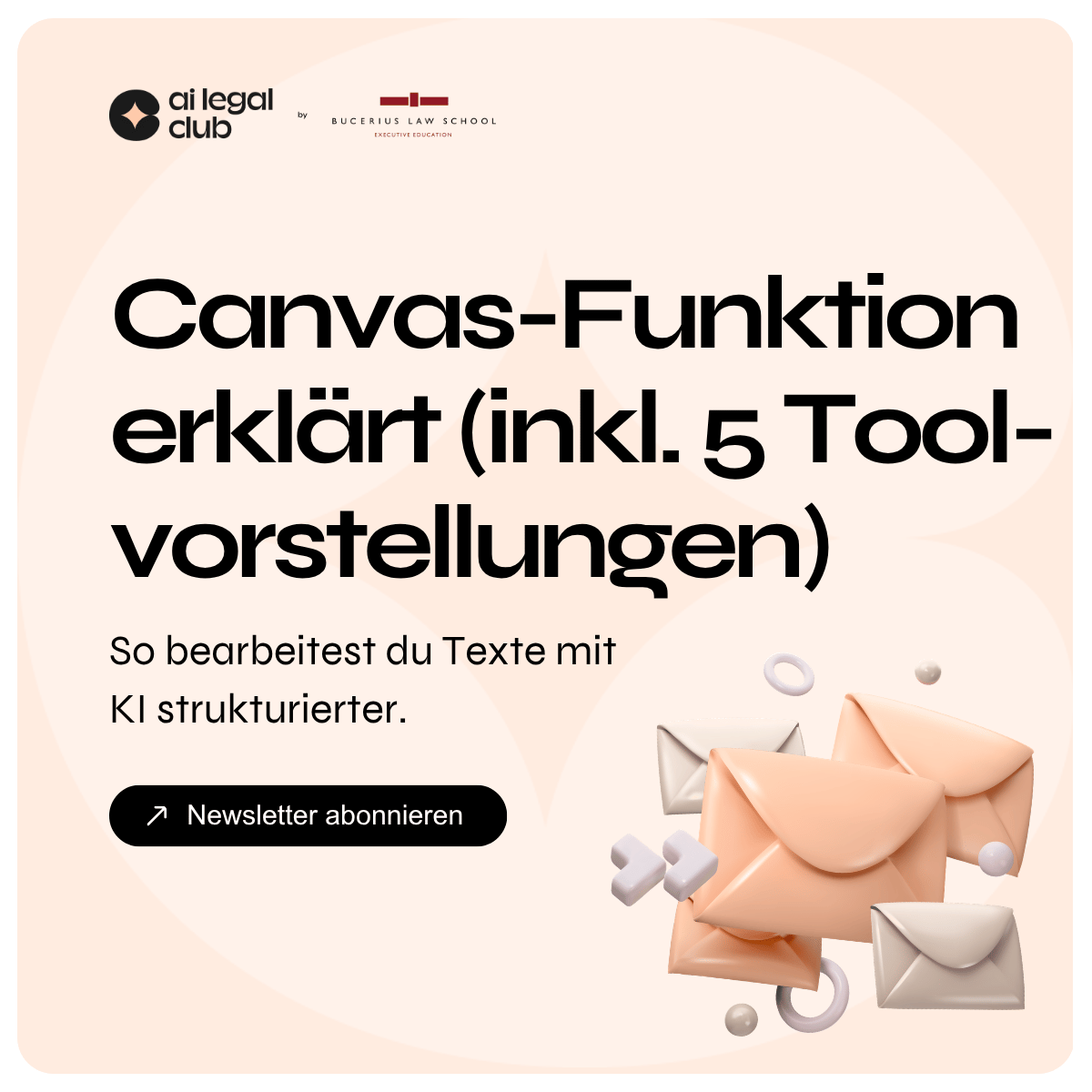 Anzeige zur Canvas-Funktion mit 5 Toolvorstellungen und Newsletterabo-Schaltfläche, Umschläge schweben.