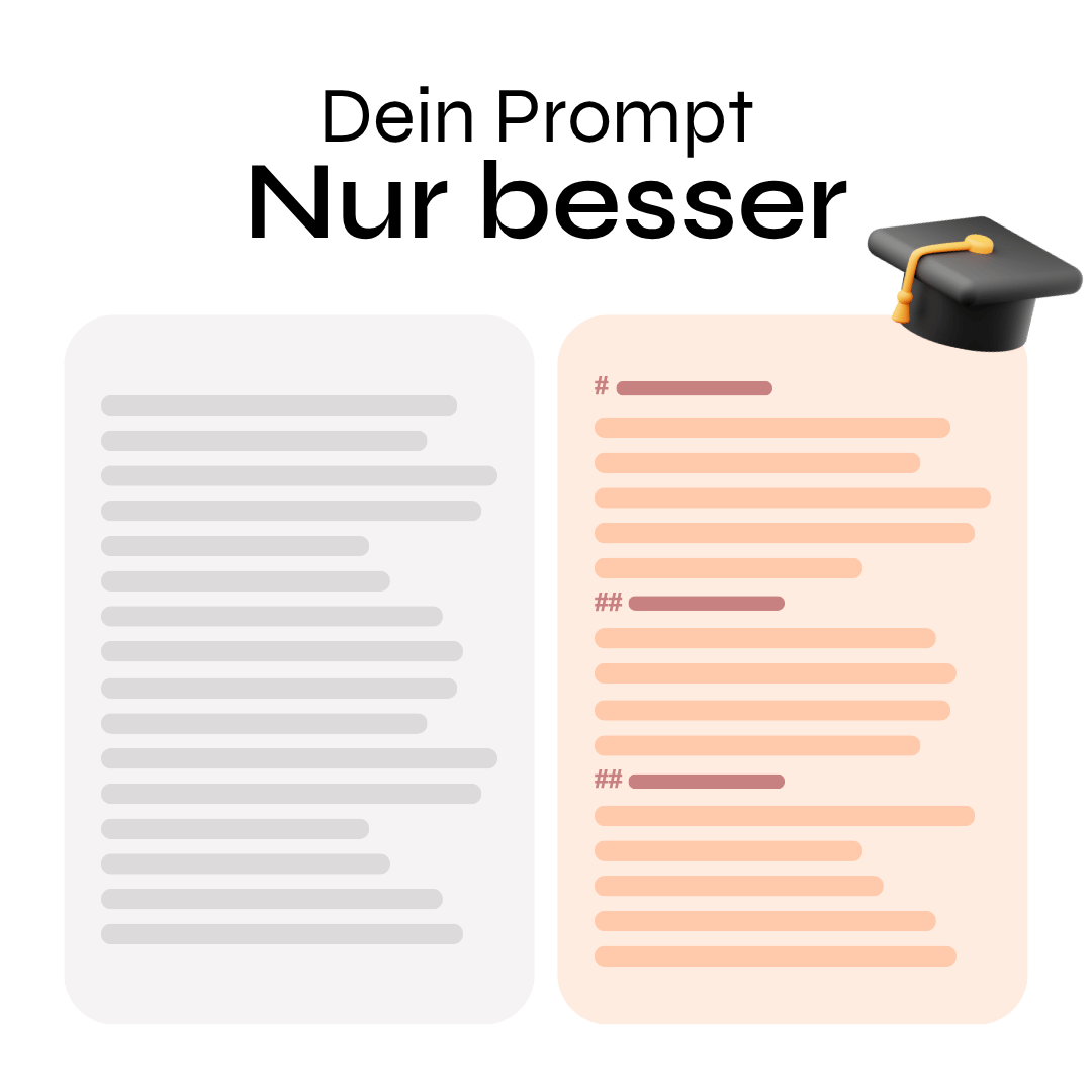 Dunkler Hintergrund mit zwei nebeneinanderstehenden Dokumentkarten. Links eine graue Seite mit vielen gleichförmigen Zeilen (wirkt wie ein unformatierter Textblock). Rechts eine beigefarbene Seite mit klaren Absätzen und sichtbaren Markdown-Markierungen wie „#“ und „##“, die Überschriften andeuten. Oben rechts eine kleine Graduation-Cap als Symbol für Lernen/Anleitung.