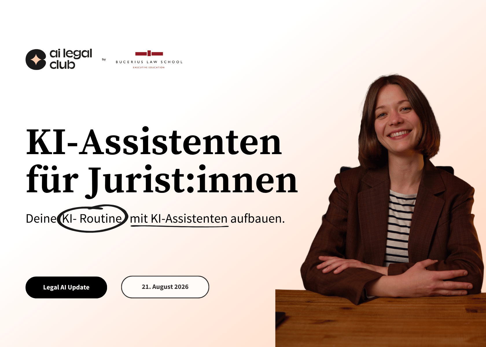 Werbung für KI-Assistenten für Juristen mit Bild einer lächelnden Frau im Büro