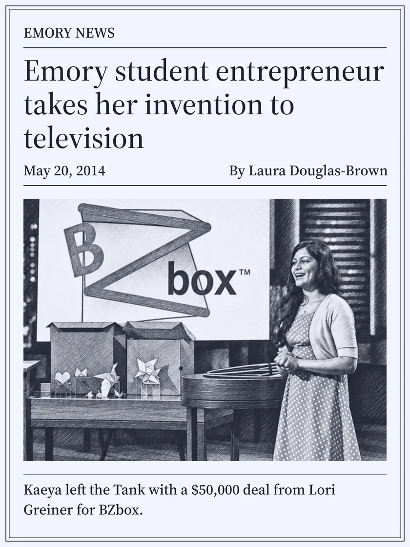 Emory News, May 2014: Emory student entrepreneur takes her invention to television