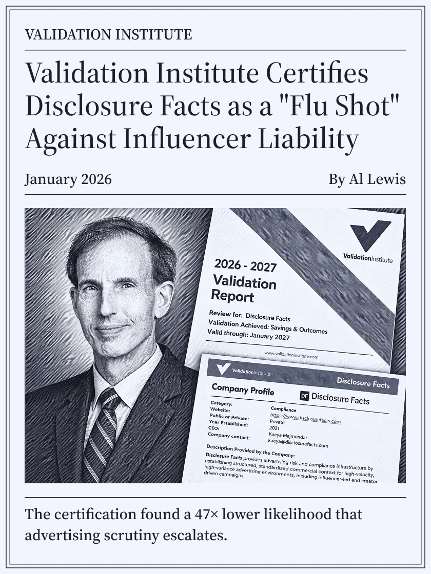 Validation Institute, January 2026: Validation Institute Certifies Disclosure Facts as a Flu Shot Against Influencer Liability, by Al Lewis