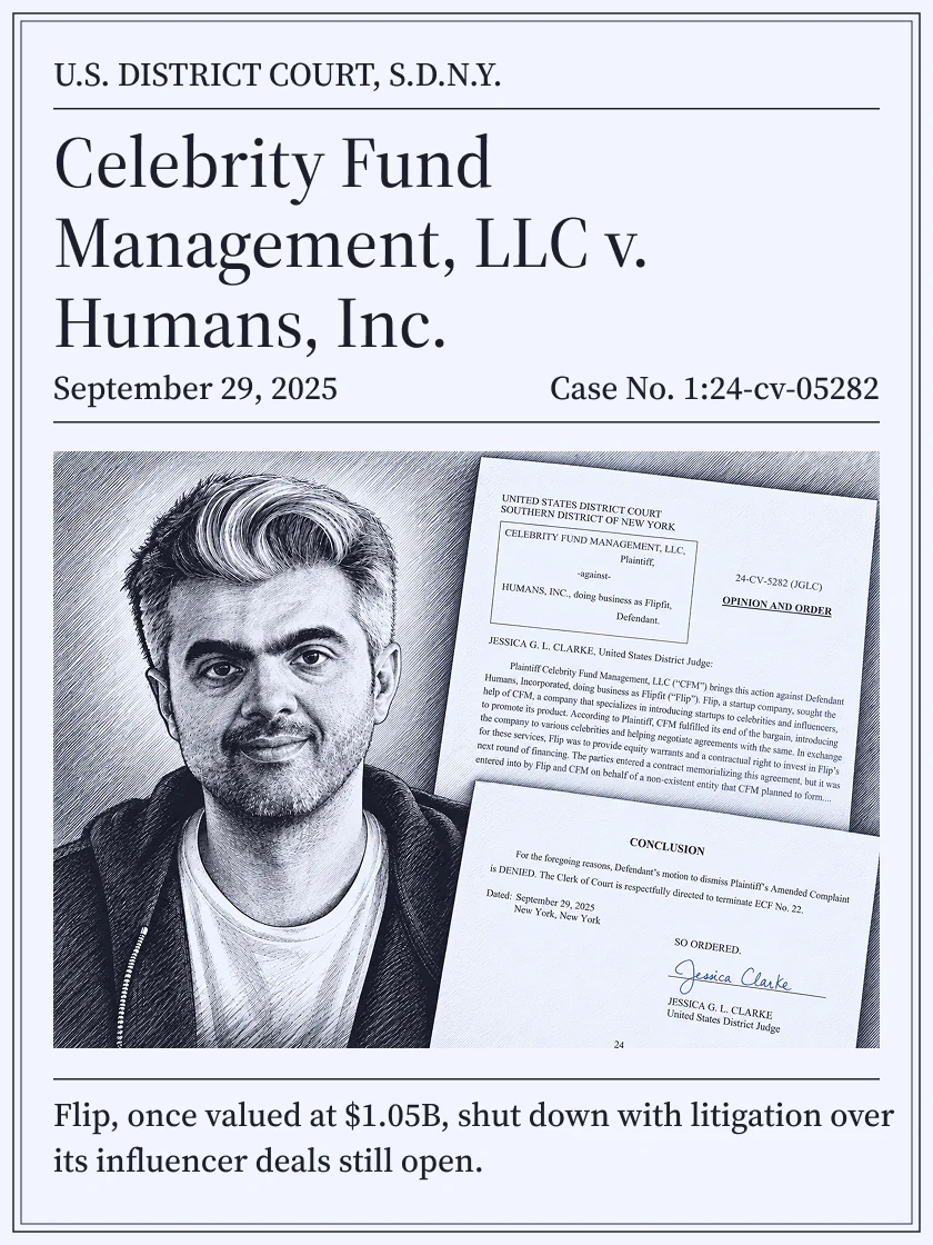 U.S. District Court, S.D.N.Y., September 2025: Celebrity Fund Management, LLC v. Humans, Inc.