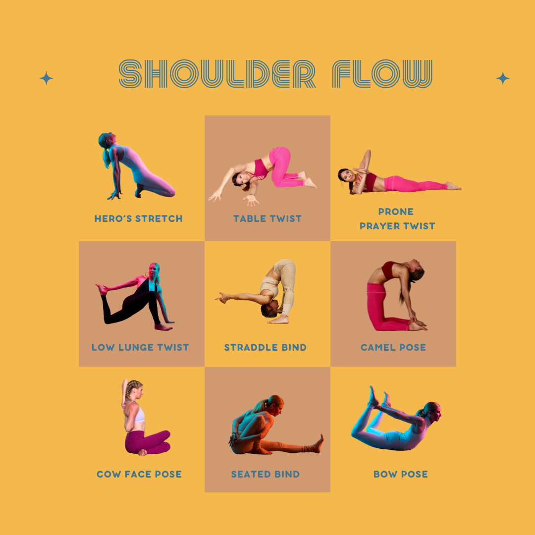 Healthy Shoulders yoga poses focused on neck release, shoulder mobility, posture support, and upper-body strength