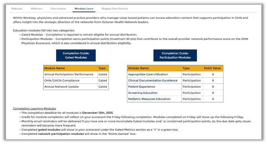 Workday Learn Completing Learning webpage
