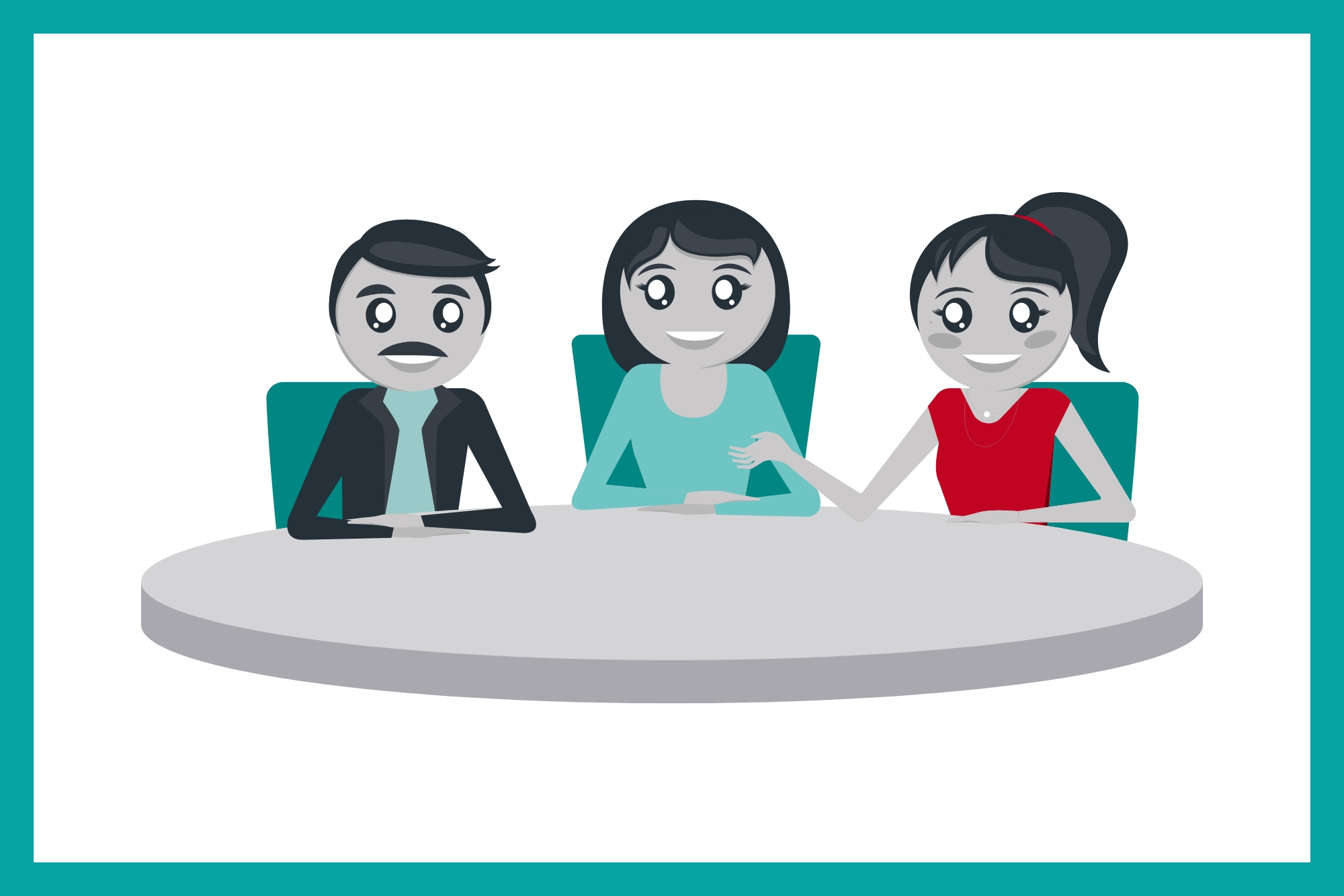 Illustration of coworkers sitting together at a table.