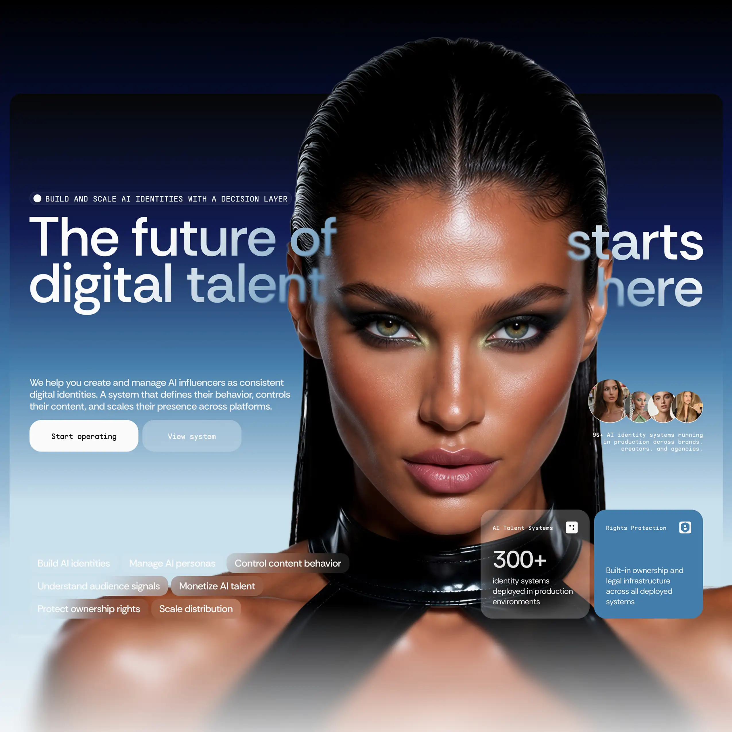 Case study for a confidential AI influencer agency. We redefined positioning into an AI identity system with new UX, IA, copy system and AI interaction layer.