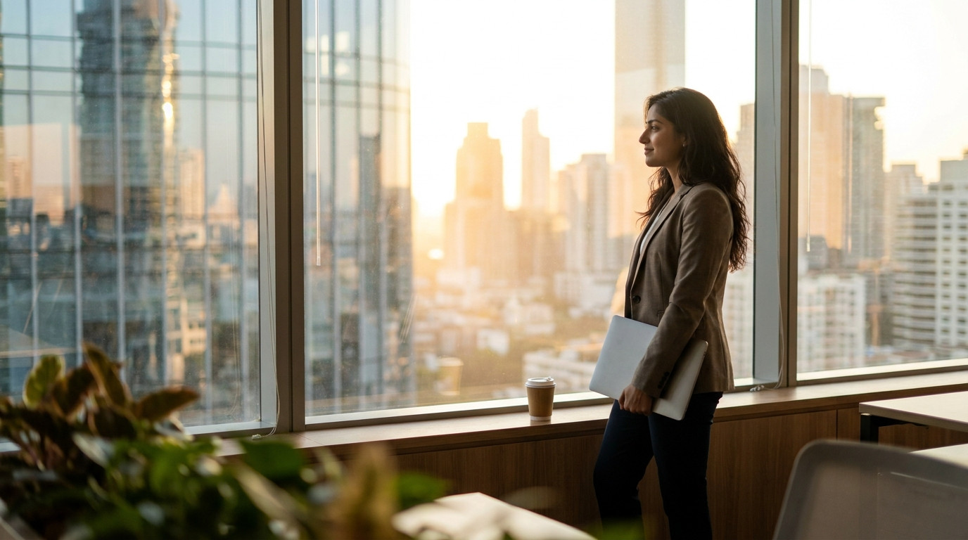 Young professional overlooking city financial district at golden hour