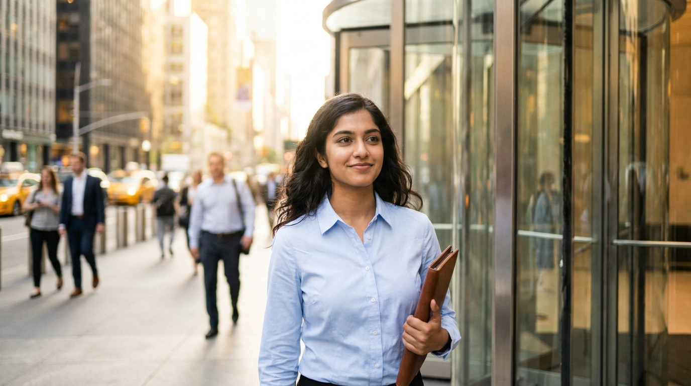 Young professional walking into downtown office building on first day