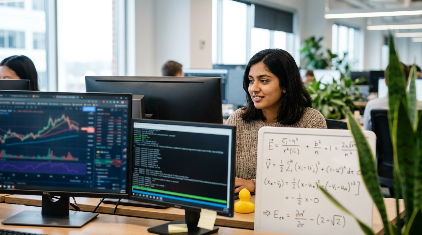Quantitative analyst at dual-monitor workstation with financial charts and code