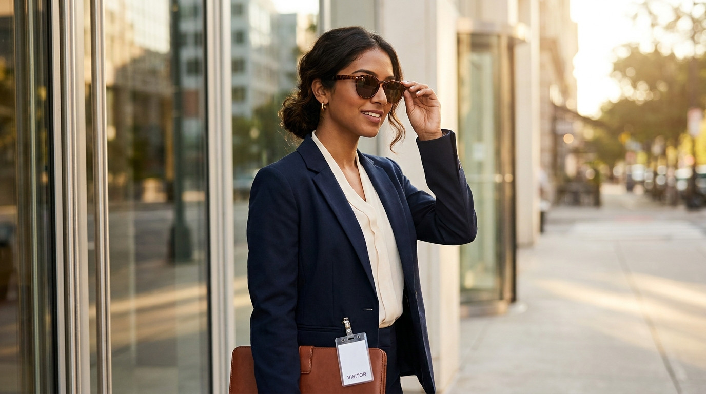 Young professional walking out of an office building after a successful panel interview