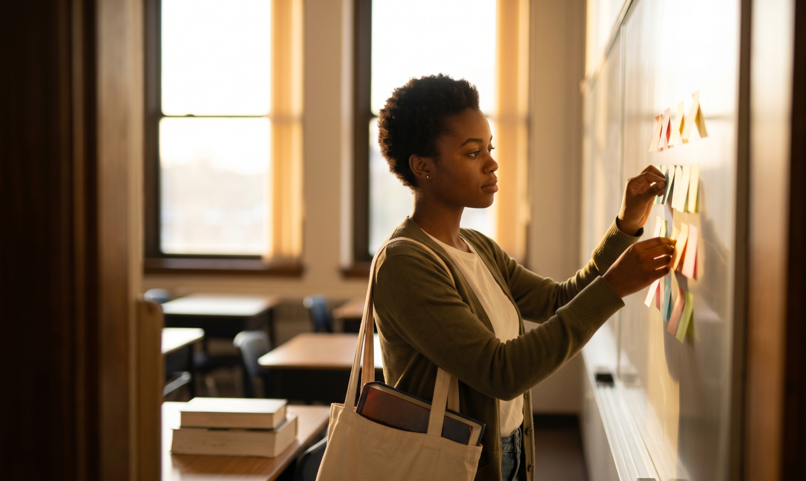 Education student arranging lesson plans on a classroom whiteboard after hours