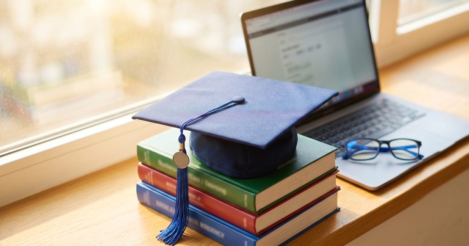 Graduation cap on education textbooks with laptop showing job listings