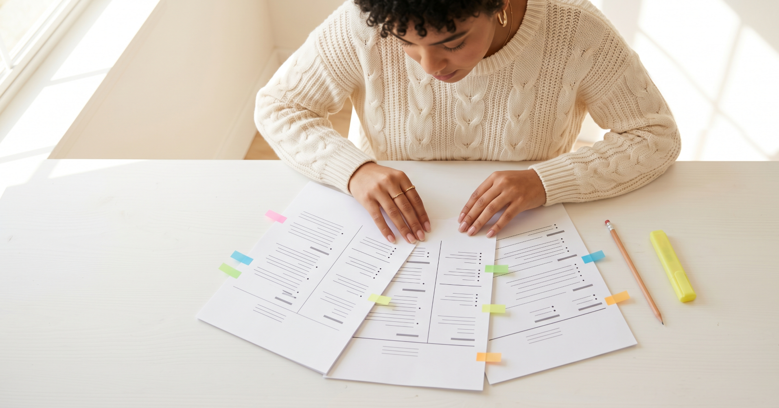 Three printed resumes fanned out on a clean white desk with colored tabs and highlighter