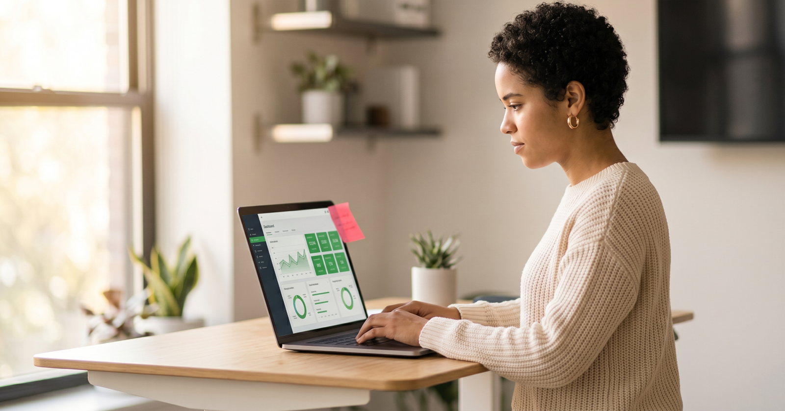 Woman typing on laptop showing ATS dashboard with green checkmarks in modern home office