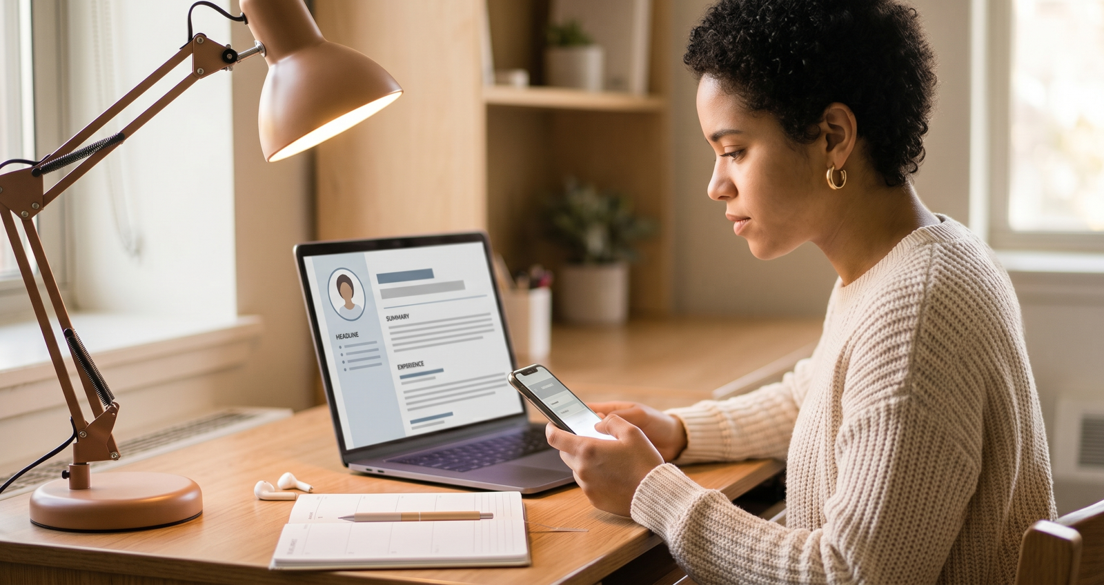 Student at dorm desk with phone and laptop showing professional profile, warm lamp light