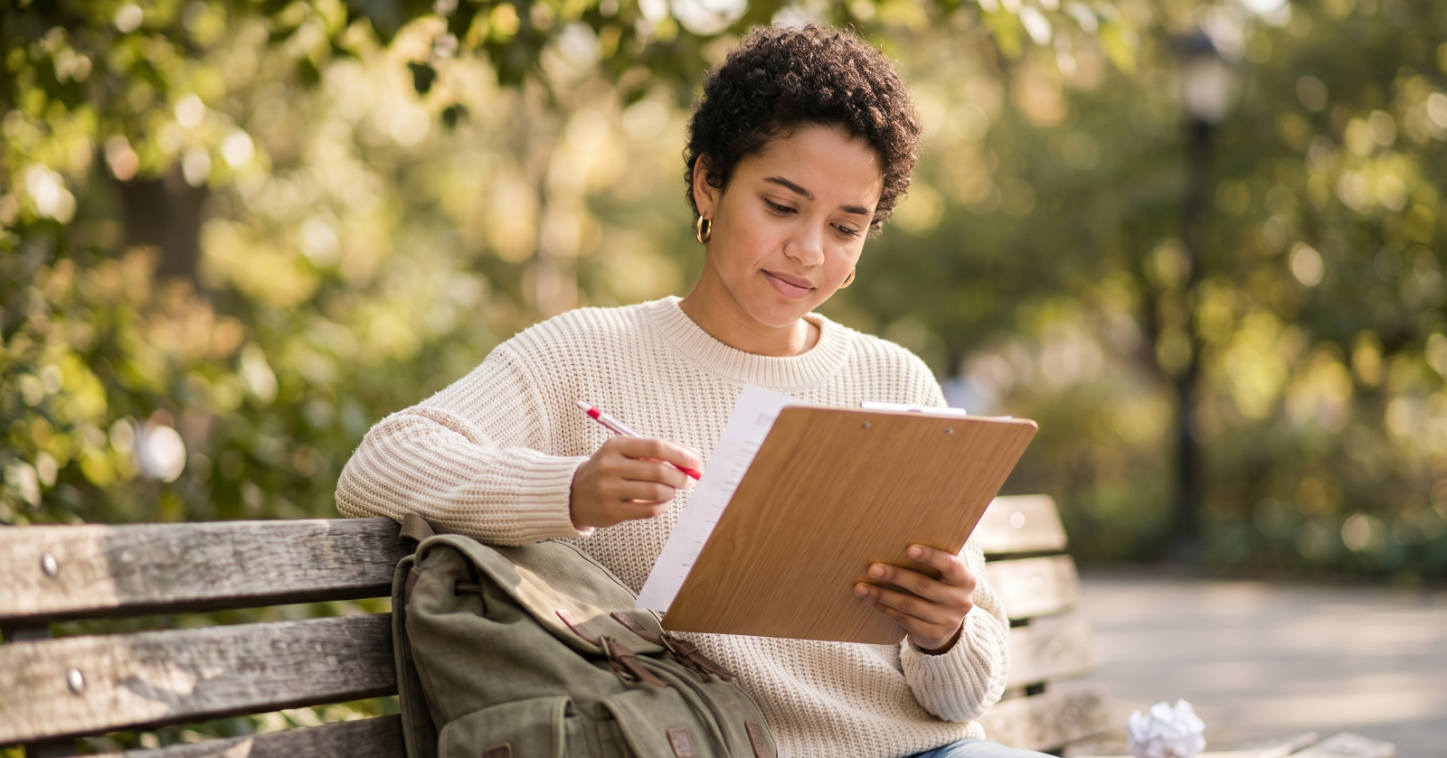Woman reviewing a printed resume with a red pen on a park bench in dappled sunlight