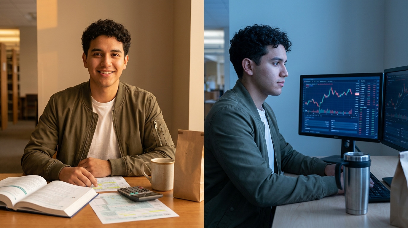 Split-screen composition showing two college students: on the left, a student studying with accounting textbooks, a calc