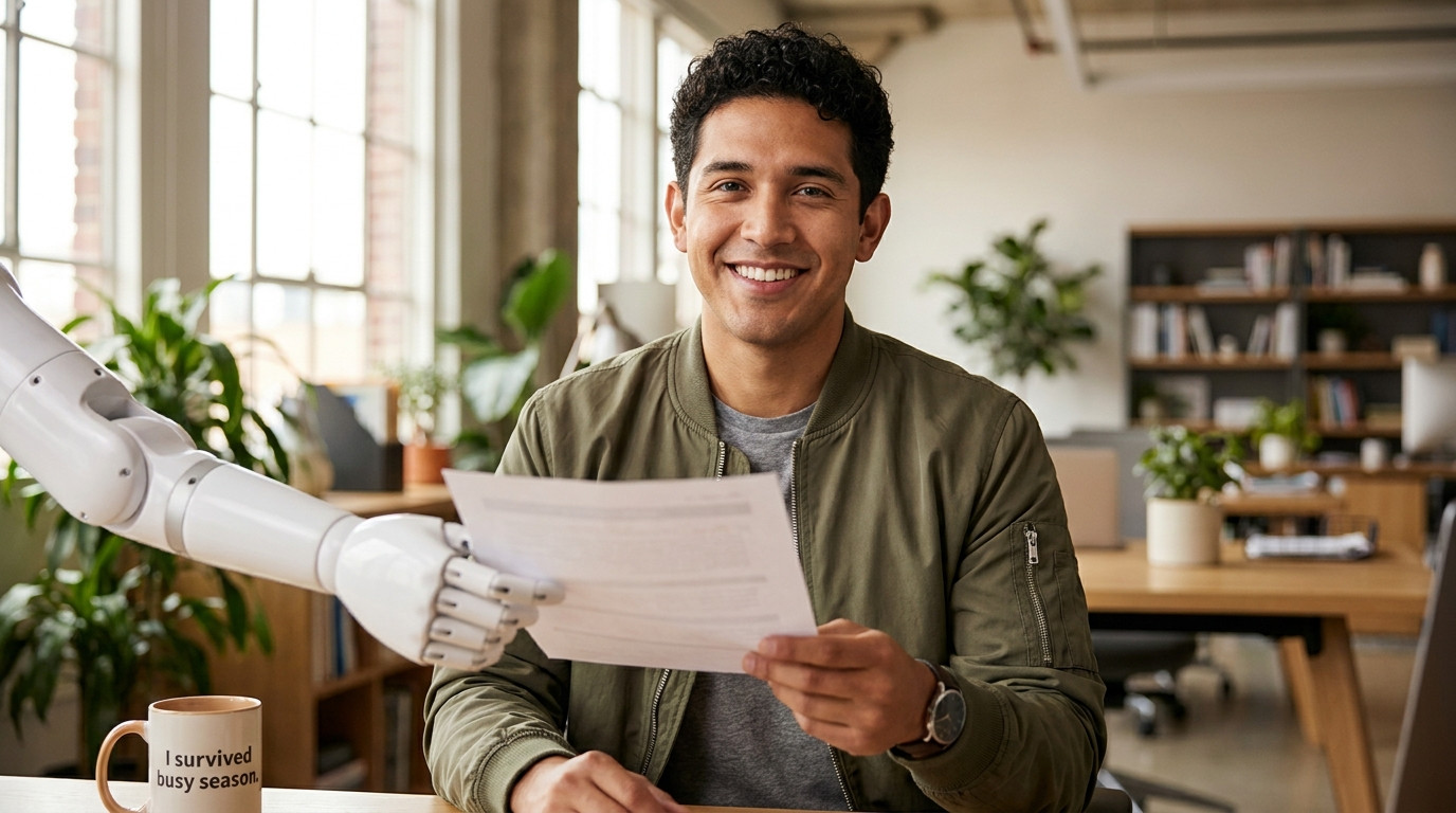 A robot arm and a human hand each holding one side of a balance sheet printout, meeting in the middle of a modern open-p