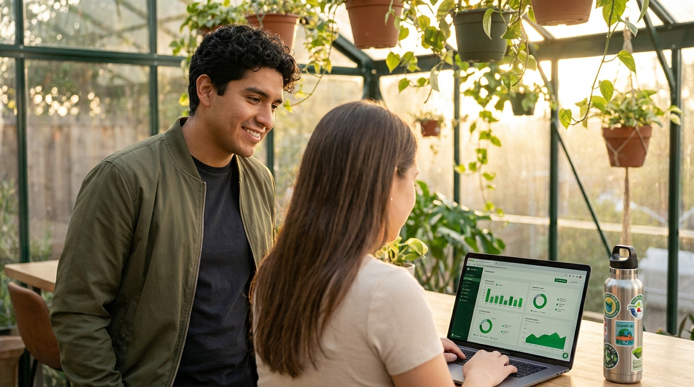 A young woman in a greenhouse-style office space filled with plants, working on a laptop with ESG dashboards and carbon