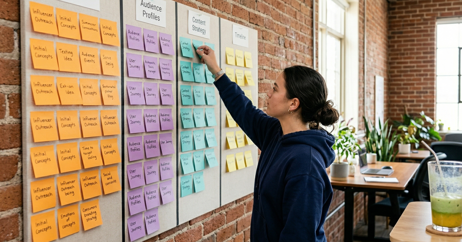 Student organizing color-coded recruiting timeline on pinboard