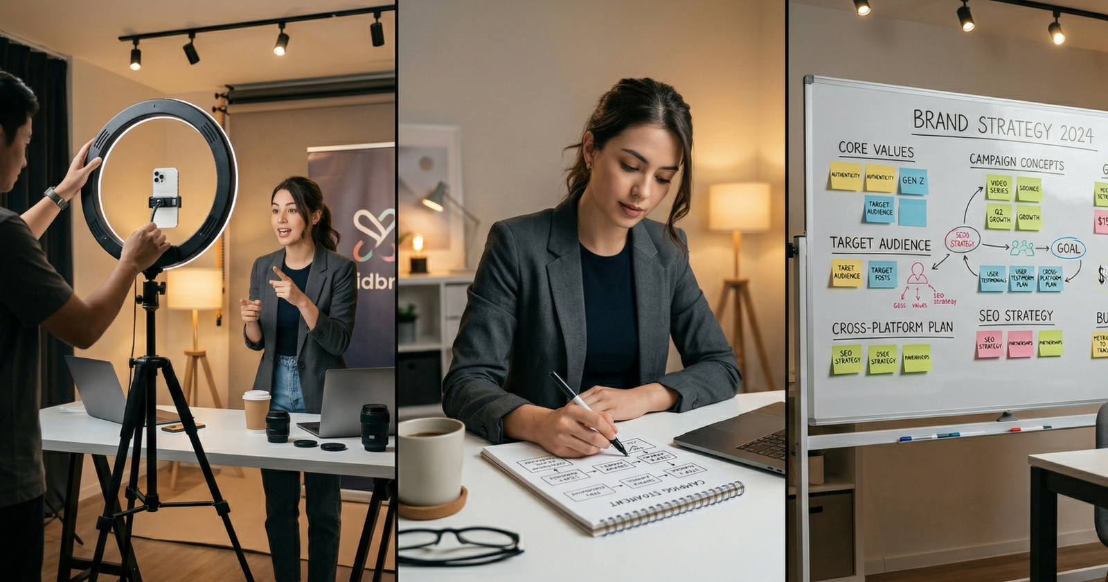 Split frame showing three marketing work environments
