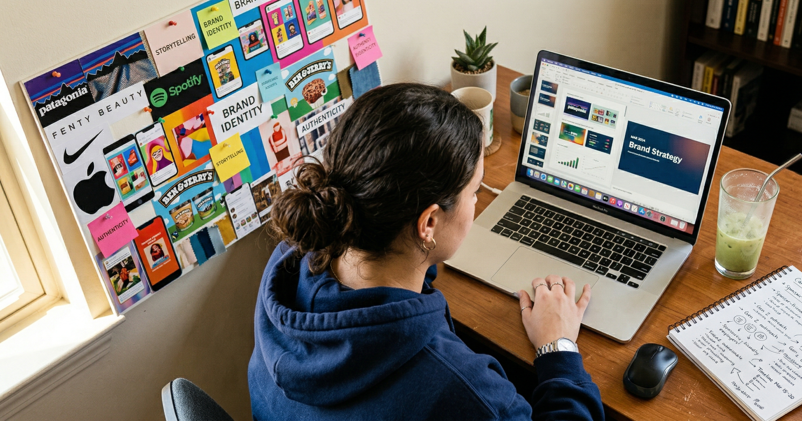 College student at desk with mood board and laptop planning marketing internship applications