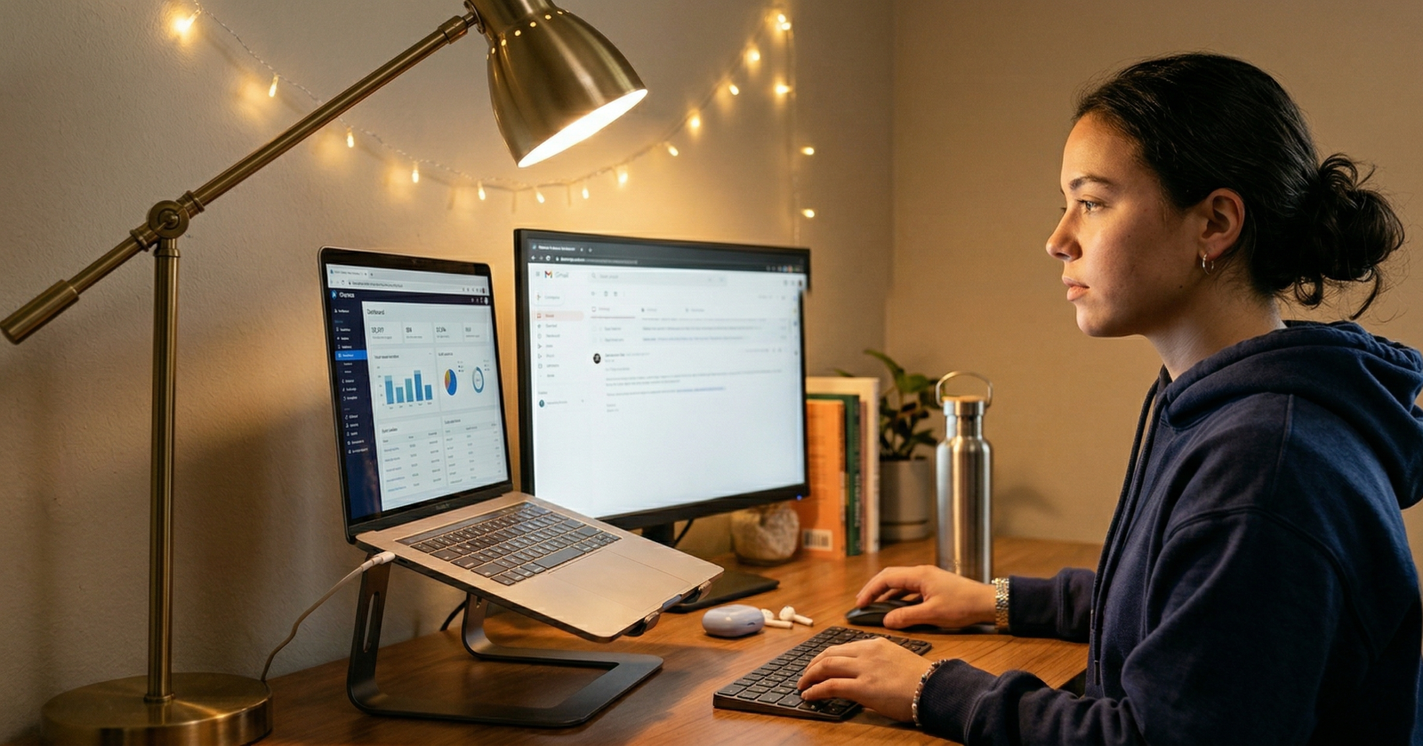 Student desk with Canva design and Instagram analytics for portfolio building