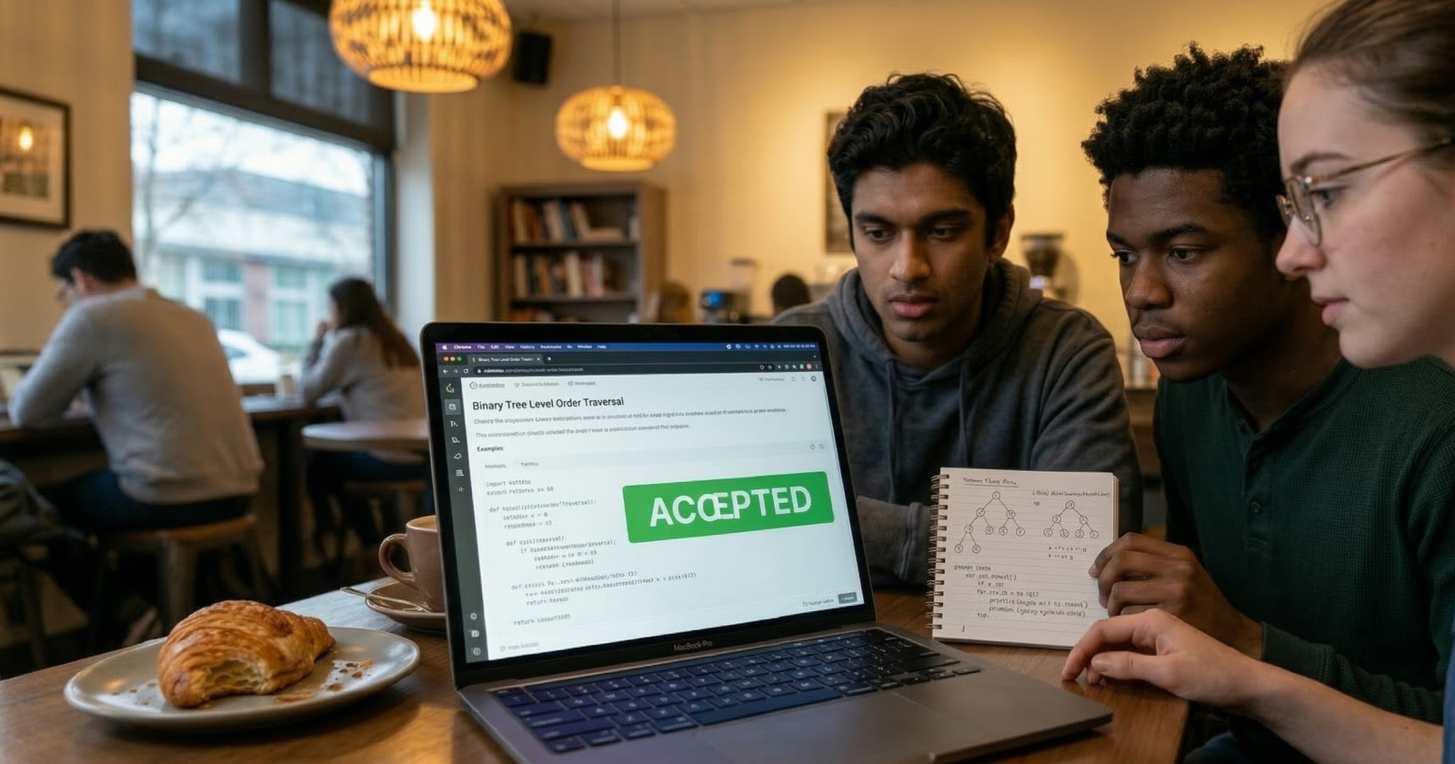 Student working through coding problem on laptop in coffee shop
