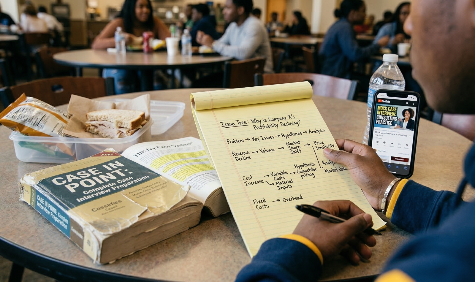 Student doing consulting case interview prep at dining hall with case prep book and notes