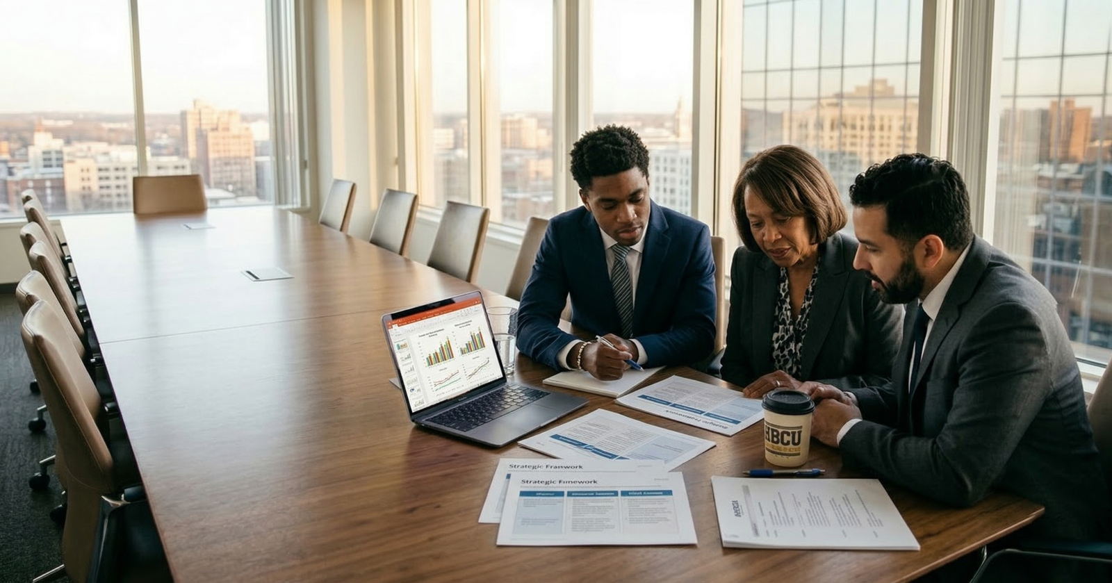 Consulting intern working on client presentation slides at conference table