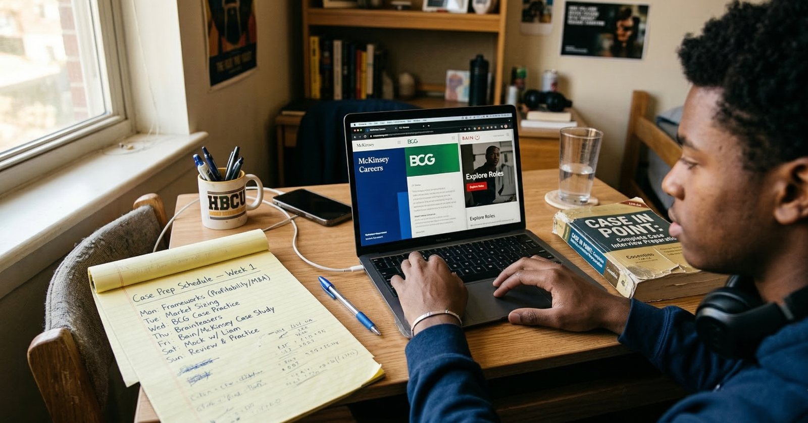 College student researching consulting internships at desk with MBB career pages open