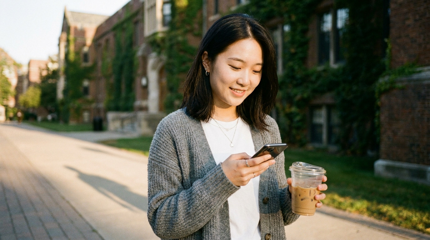 A college student standing outside a brick academic building, glancing down at their phone with a slight smile, early mo