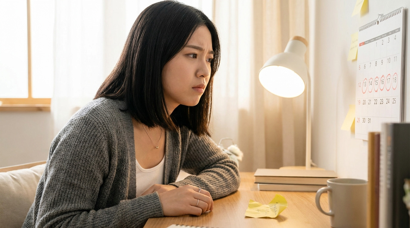 A student sitting at a desk with a concerned expression, looking at a wall calendar with several dates circled in red ma