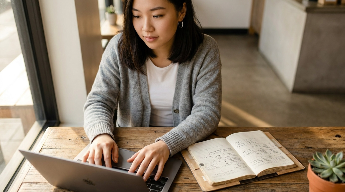 A person's hands on a laptop keyboard at a wooden cafe table, a paper planner open next to them with handwritten notes, 